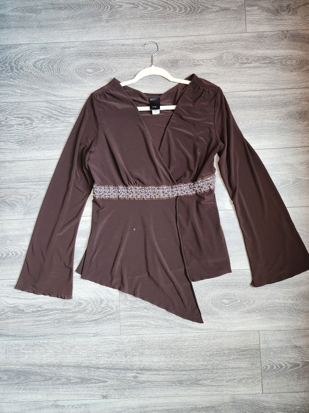 Espresso Brown Bell Sleeve Babydoll Blouse with Beaded Waist Asymmetrical Hem XL
